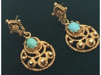 14kt Vintage Art Deco Boho Gypsy Earrings With Turquoise Stone