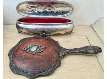 Vintage Hand Mirror With Wooden Panel And Floral Engraved Jewelry Box