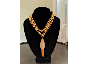 Vintage 30' Gold Necklace With Large Carved Opaque Lucite Bead And Tassel Pendant