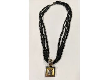 Multistrand Black Seed Pearls And Crystals With Stylish Gold Filled Two Tone Pendent