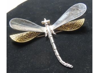 Amazing Three Dimensional Sterling Silver 925 & Brass Large Dragonfly Brooch