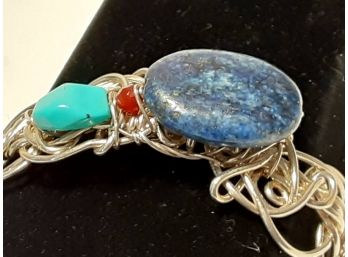 Modernist Southwestern Cuff Bracelet 925 Sterling With Lapis, Turquoise & Carnelian