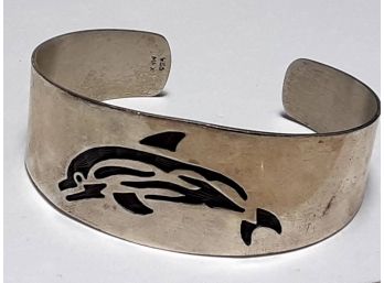 Vintage Sterling Silver 925 Engraved Dolphin Cuff Bracelet