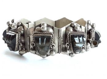 Vintage 925 Sterling Panel Bracelet Black Onyx Carved Mayan Mask Faces  From Mexico