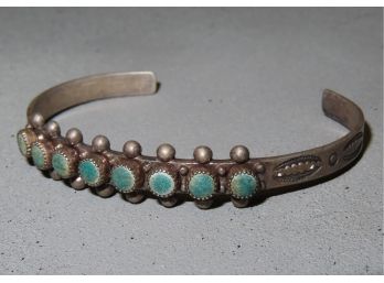 Southwestern Old Pawn Etched & Turquoise Child's Cuff Bracelet