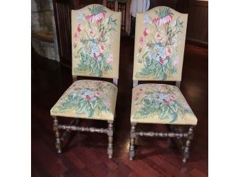 Lovely Pair Antique High Back Chairs With AMAZING Fine Quality French Needlepoint Upholstery