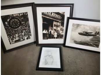 Lot Of Four Vintage Style Framed Prints - Grand Central Station, Airplane & Storefront & More - Nicely Framed