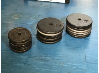 Group Lot Of Cast Iron Gym Weights (11) Ten Pound Weights & (6) Five Pound Weights - All For One Bid !