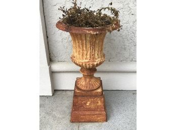 Fabulous Pair Of Antique Cast Iron Garden Urns On Original Plinths - Bought At NY Botanical Gardens Show