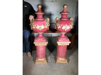 Pair Of ENORMOUS Ornate Terracotta Lidded Urns On Roman Column Stands AMAZING PAIR !