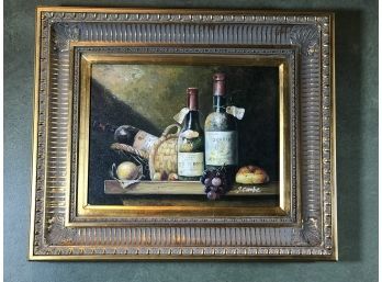 Lovely Oil On Canvas Still Life Painting - Wine & Bread Signed J.CAMBE In Beautiful Frame