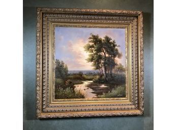 Gorgous Oil On Canvas Painting Or Trees & River - Soft Glowing Colors - Signed - W. FERRI  Fantastic Frame