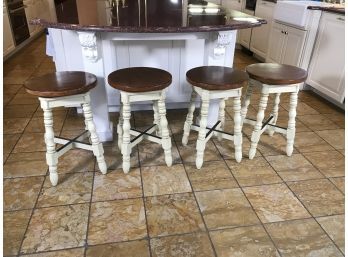 Lot Of Four (4) Very Nice Country Stools - Lightly Distressed Painted Bases With Natural Wood Tops