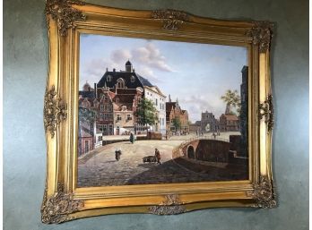 Wonderful European Town Square Oil On Canvas - Signed M. STANLEY - Beautifully Framed - Nice Large Painting