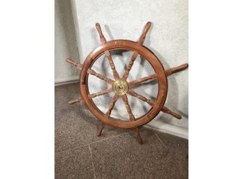 Very Nice Large Vintage Teak & Brass Ships Wheel - GREAT Decorator Piece - All In Good Condition