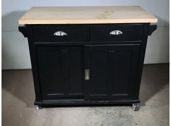 Very Nice & Functional Black Cabinet With Butcher Block  Top - One Interior Shelf - On Casters - Well Made