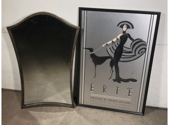 Lovely 1980 ERTE Art Deco Poster - Framed - Silver Metallic Background & Deco Style Mirror