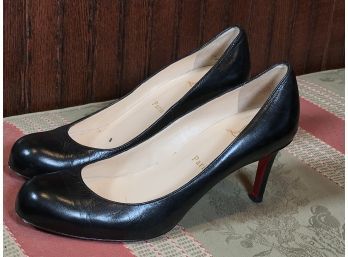 Very Nice CHRISTIAN LOUBOUTIN Black Leather Heels - Size 36-1/2' - Red Bottoms !