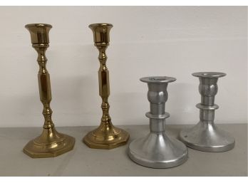 Two Pairs Of Candlesticks - One Brass, One Aluminum A6