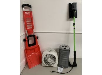 Winter Preparation LOT 2 Heaters, One Folding Shovel, And Car Brush / Scraper