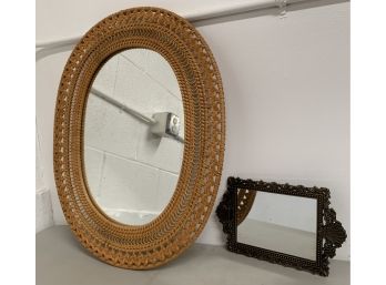 Wicker Frame Mirror W/ A Small Ornate Mirror