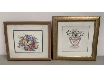 Pair Of Signed Floral Framed Artwork - (1) Barbara Mock Signed (1)  C. Winterle Olson Signed