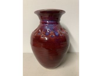 Signed Pottery Vase - Red With A Splash Of Blue