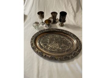 Stainless Steel Platter And Assorted Glass