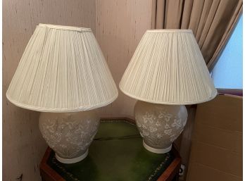 2 Lamps Working Condition Cream With White Raised Floral Design 17x17x25