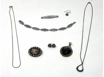 Mixed Collection Of Vintage Jewelry Featuring Teotihuacan Mexico Double Sided Pendant