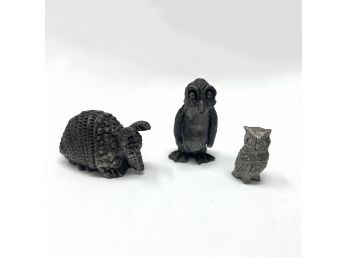 Vintage Pewter Miniatures: Penguin, Owl, And Armadillo