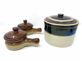 Large Antique Crock And Two Vintage French Onion Soup Crocks