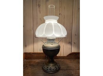 Antique Hurricane Lamp With Milk Glass Shade