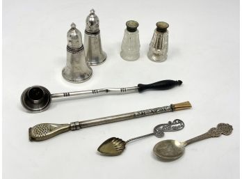 Mixed Group Featuring Alpaca Bombilla Straw With 18k Mouthpiece Sterling SP Shakers, Sterling Savannah Spoon