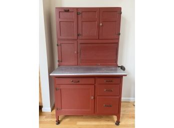 Antique Hoosier Painted Wood Cabinet  With Flour Sifter, Bread Box, Metal Counter