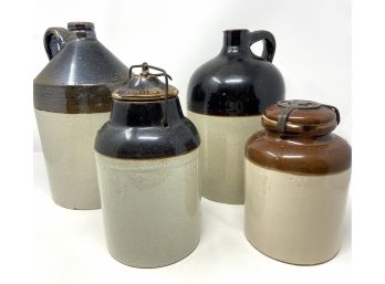 Vintage Crock Whisky Jugs And Lidded Jars