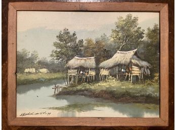 Vintage Signed Painting- Huts By The Water