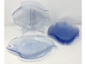 Set Of 6 Blue Glass Fish Plates