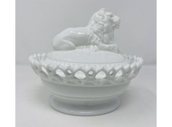 Antique Milk Glass Lion Lidded Bowl