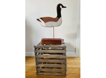 Farmhouse Decor: Painted Wooden Goose On Crate Stand