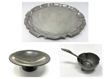 Vintage Pewter Collection: Serving Tray, Footed Bowl, Open Salt With Spoon