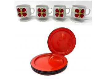 Mid-century Flower Cups And Six Red Dinner Plates