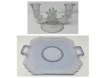 Art Deco Glass Tray And Two Arm Candelabra