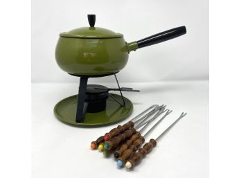 Green Enameled Fondue Pot With Skewers