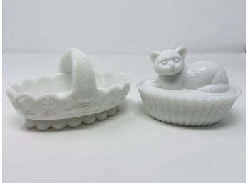 Vintage Milk Glass Cat Trinket Box And Miniature Basket