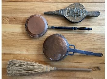 Antique/Vintage Hearth Tools: Bellows, Bedwarmer, Fireplace Pan, Broom