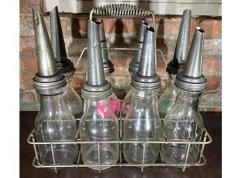 8 Glass Oil Bottles With Vintage 8 Space Carrying Crate