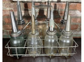 8 Glass Oil Bottles With Vintage 8 Space Carrying Crate