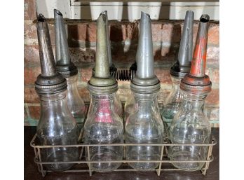 8 Glass Oil Bottles With Vintage 8 Space Carrying Crate