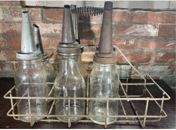 6 Glass Oil Bottles With Vintage 8 Space Carrying Crate